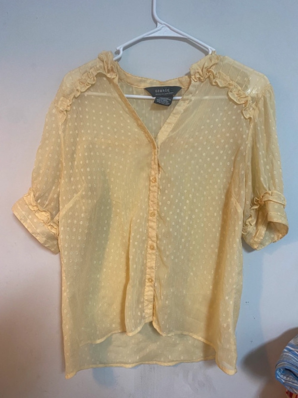 George Sheer Lemon Dot Ruffle-Trim Button Blouse